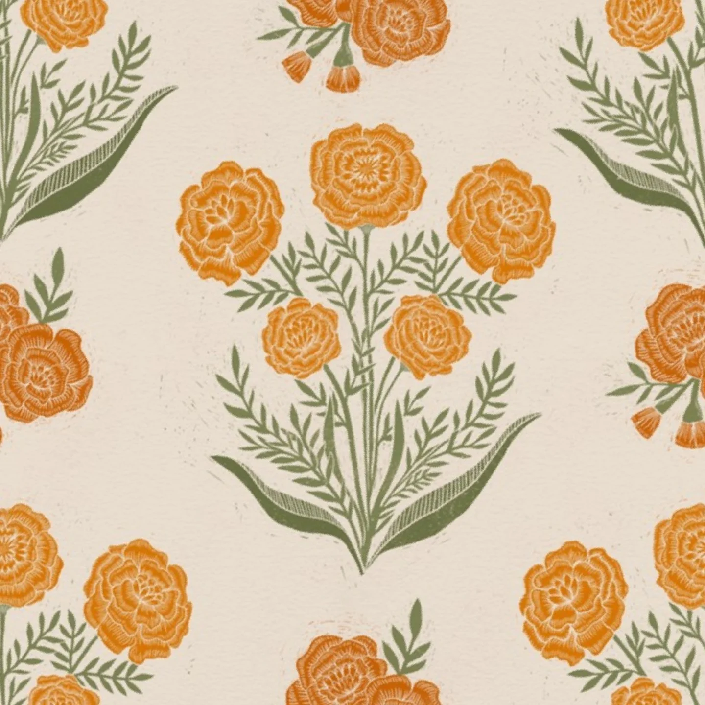 Marigold floral block-printed fabric