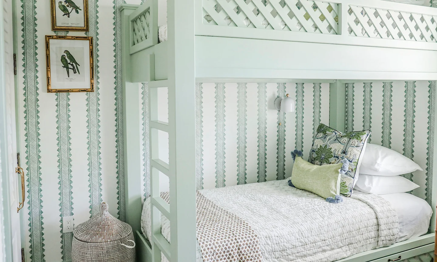 Kids room withe intricate stripe wallpaper.
