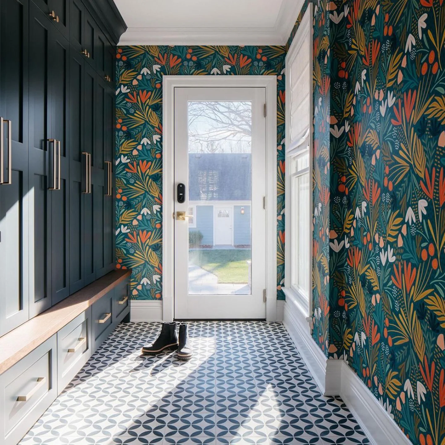 Entryway with dark botanical wallpaper and cabinetry.
