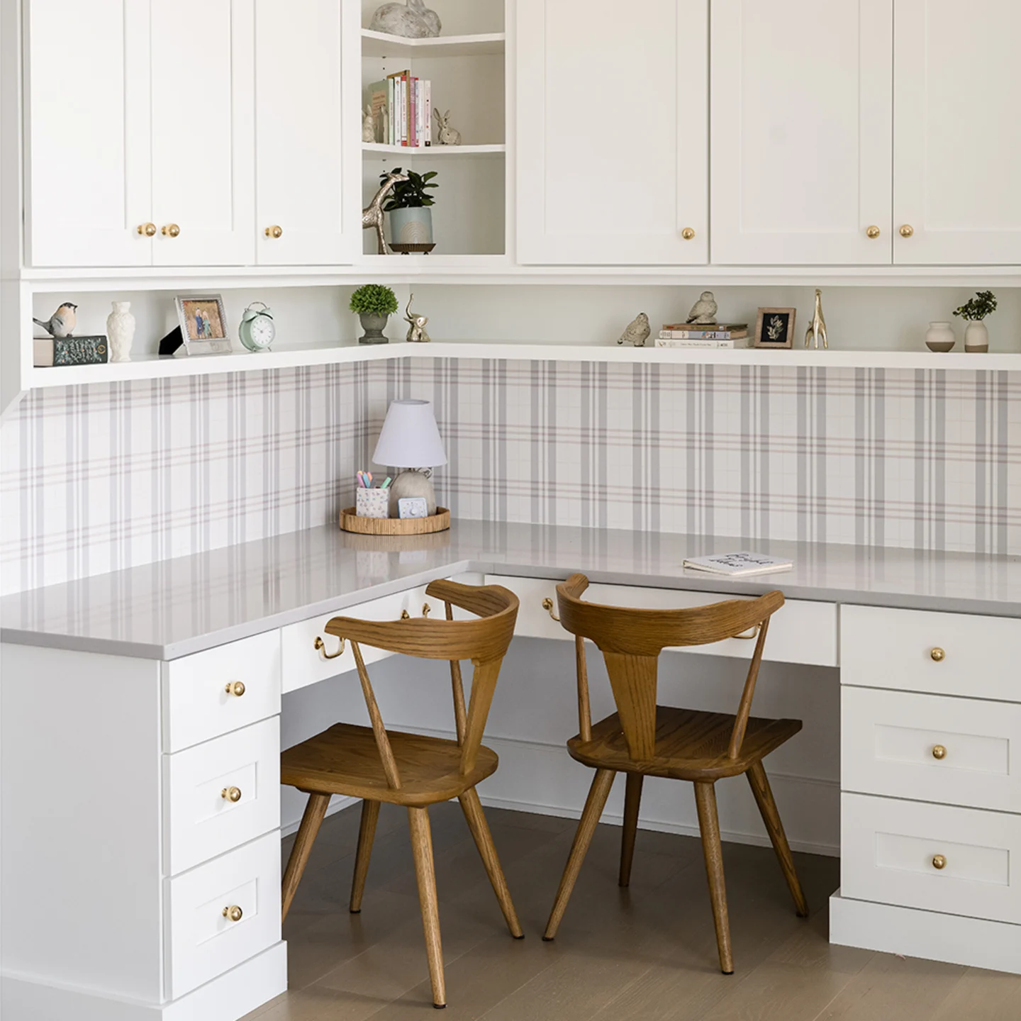 White plaid wallpaper in a home office.