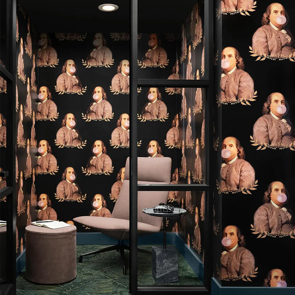 Benji bubble gum wallpaper by rebelmod in an office workspace