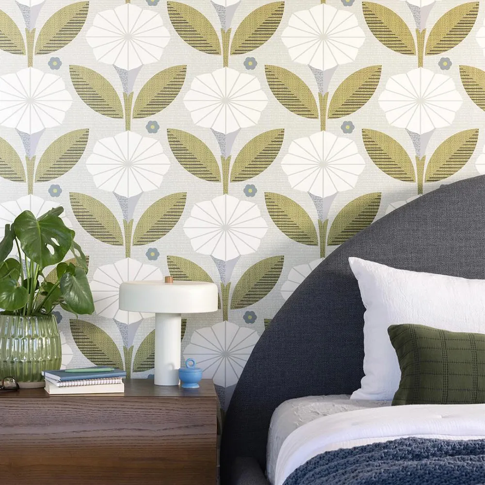 Bedroom with jumbo floral mid century wallpaper