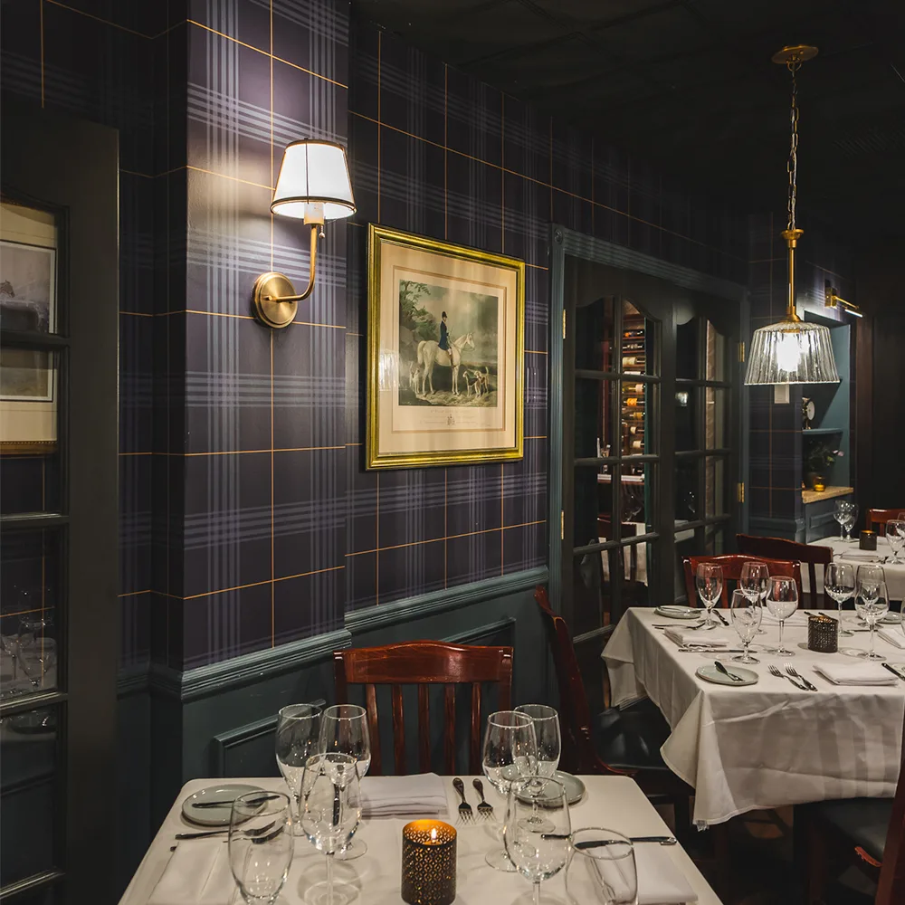 Restaurant with navy plaid wallpaper by Spoonflower artist jolou_design.