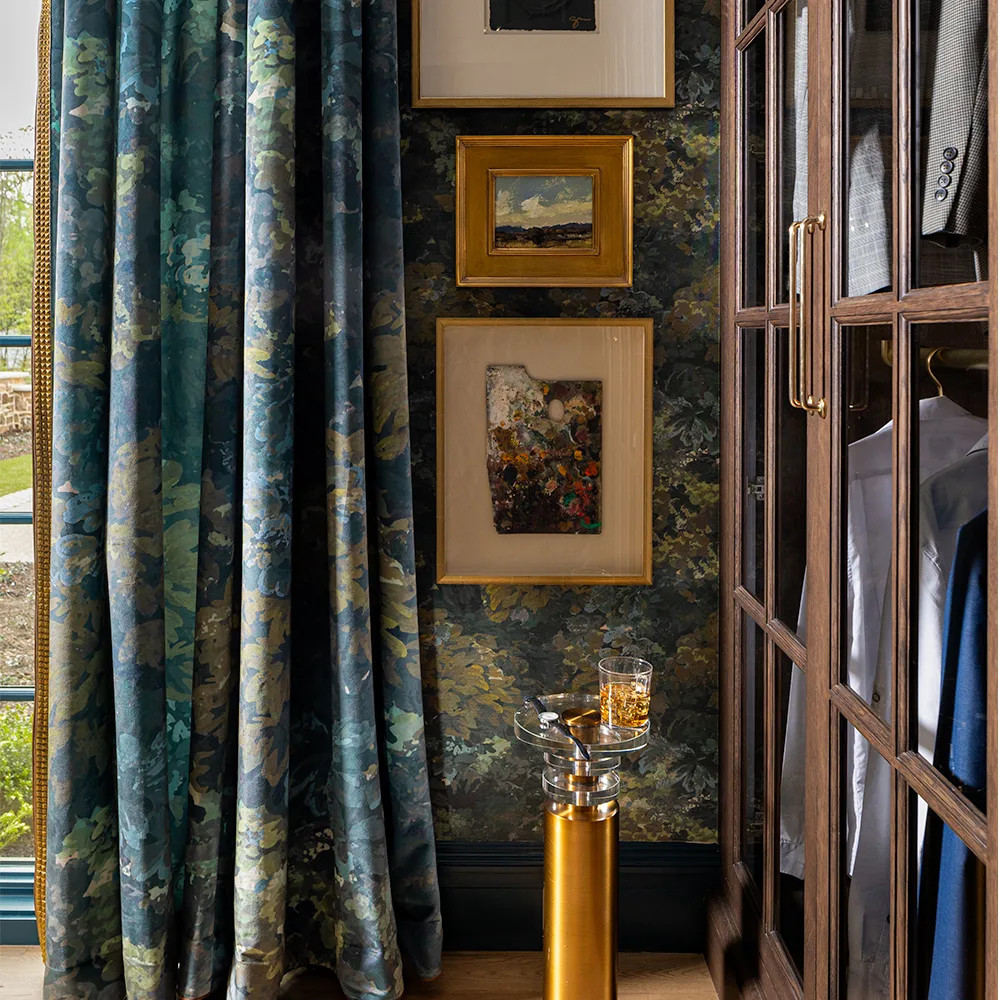 Dressing room with Wallpaper and curtains in Heritage Charm - Botanical Tapestry - Midnight Forest by Spoonflower artist indigo_pruitt.