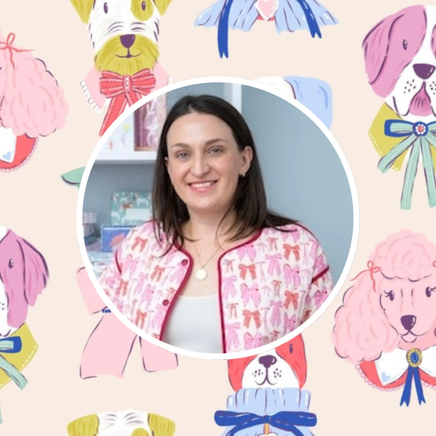 Headshot of Spoonflower artist Chrissy Mastoras in front of one of her designs.