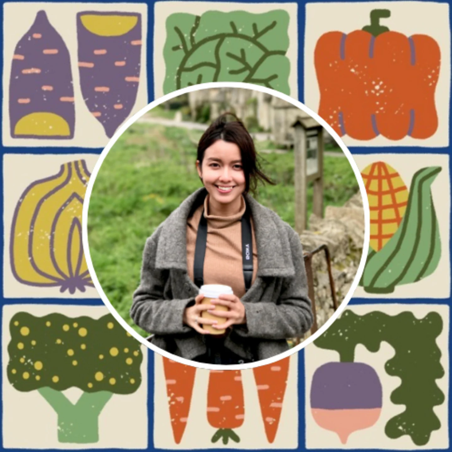 Vintage Veggie Tiles design with a photo of artist camillechew.